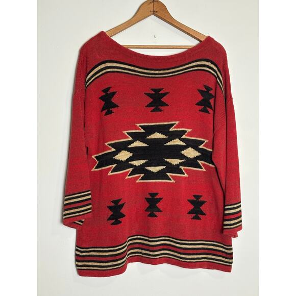 Chaps Womens Linen Cotton Southwest Aztec Print Sweater SZ XL 3/4 Sleeve Relaxed - Picture 1 of 6